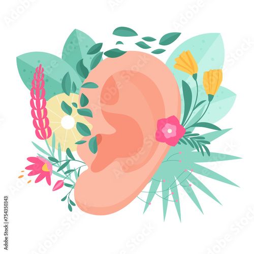 Hearing health care, audiology therapy and wellbeing. Human ear with summer blooming wild flowers and green plants, attention to healthy senses, deaf disability awareness cartoon vector illustration © lembergvector