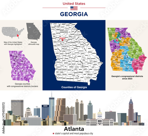 Georgia counties map and congressional districts since 2023 map. Atlanta skyline (state's capital and most populous city). Vector set photo