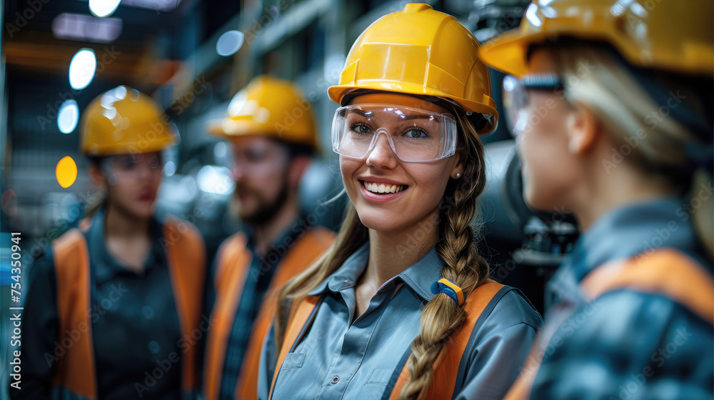 Group of factory workers is discussing at industrial factory, happy. Generative AI. Group of factory workers is discussing at industrial factory, happy. Generative AI.