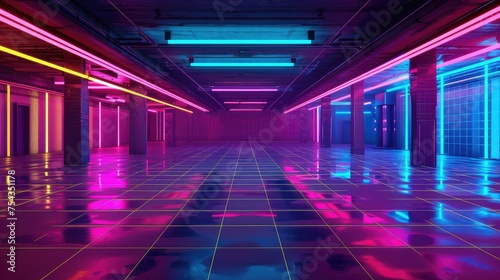 Retro synthwave neon grid background.