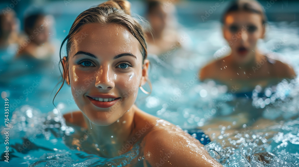 Young woman in the pool, smiles and looks in camera. Group exercise in the pool.