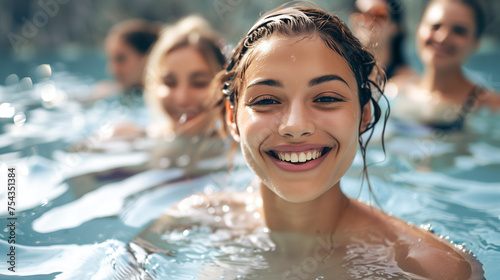 Young woman in the pool  smiles and looks in camera. Group exercise in the pool.