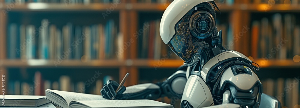 In the context of future mathematics artificial intelligence, a homonoid robot reading a book and solving math data analytics - obrazy, fototapety, plakaty 