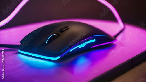 computer mouse inside blue light on the table with pink background