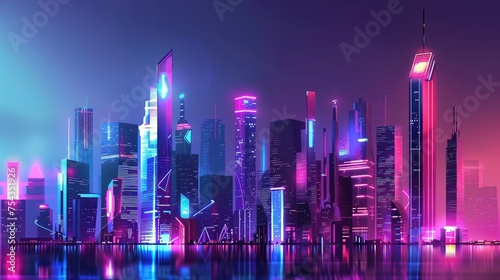 A futuristic depiction of a city skyline  illuminated by neon lights and digital enhancements  reflecting off the calm waters below