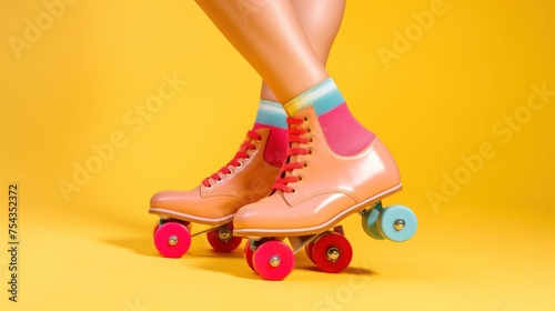Legs wearing cute sweet with shoelaces four wheeled roller blades Illustration AI Generative