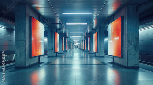 In the subway building with a plain concrete design style, there is an art installation with multiple LED screens in the middle to form a new media. Generative AI.