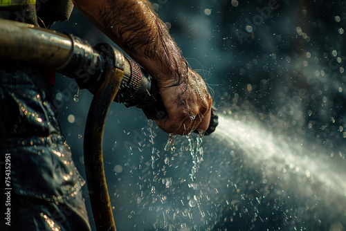 Minimalistic capture of the firefighter's steady hand adjusting the nozzle, showcasing the precise control required to navigate the high-pressure water flow in the midst of chaos. photo