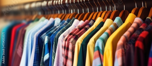 A collection of various shirts, including those of male fashionable styles, hanging neatly on a rack in a blurred storage closet background. The shirts are placed in an orderly fashion,