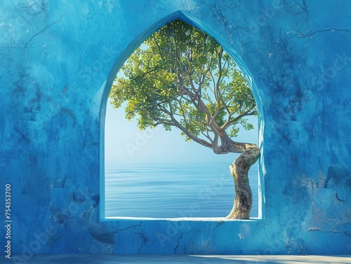 A tree growing through an blue wall  arch window with a sea view  photorealistic  vibrant colors for design backdrop