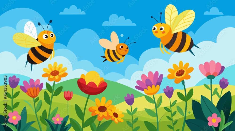 Cheerful bees and colorful flowers on a sunny day Cheerful bees and colorful flowers on a sunny day