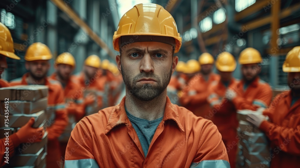 Group of angry workers working in a factory. Generative AI.