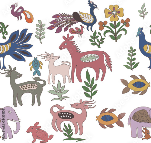 Seamless kalamkari pattern with animals.