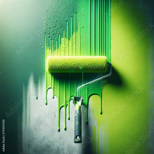 green paint roller on a wall, flowing paint