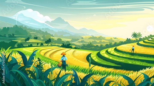 Thailand. Rice terraces agricultural sceneries. Rice fields with asian farmers. Vector illustration. People planting and grow rice in rainy season. photo