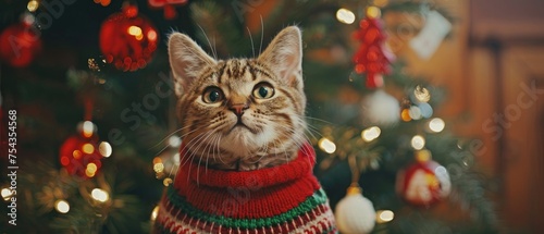 A fat cat in a Christmas sweater sits on the background of a decorated Christmas tree and looks into the camera. New Year and Christmas are coming soon
