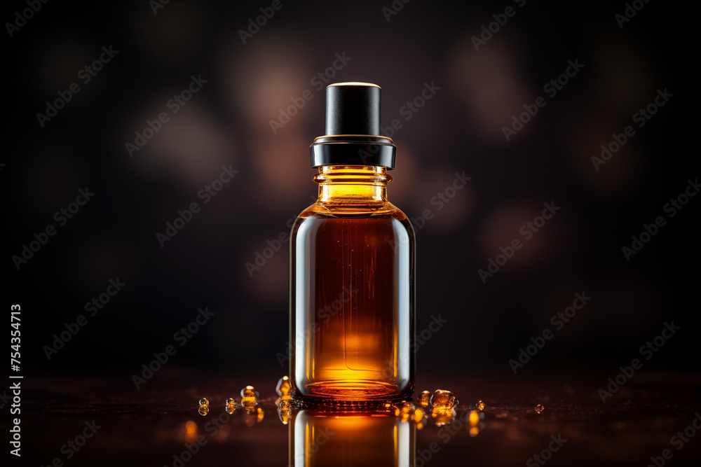 Amber glass bottle with essential oil, silver cap, against dark bokeh backdrop. Concept: wellness, luxury spa marketing, aromatherapy ambiance. Amber glass bottle with essential oil, silver cap, against dark bokeh backdrop. Concept: wellness, luxury spa marketing, aromatherapy ambiance.