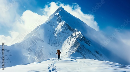 Man Hiking Up Snow Covered Mountain