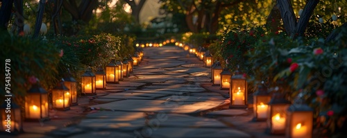 Twilight garden path adorned with lanterns and Easter decorations. Concept Twilight Photoshoot, Garden Path, Lanterns, Easter Decorations