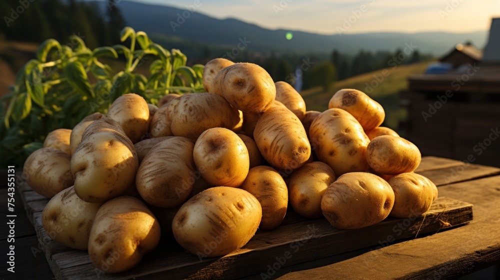 Rustic sack overflowing with potatoes on a wooden table against a hilly, Rustic sack overflowing with potatoes on a wooden table against a hilly,
