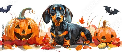 Halloween happy dachshund dog with pumpkins © Muhammad