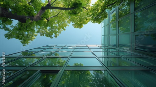 Low angle of Sustainable green building. Eco-friendly building. Sustainable glass office building with tree for reducing carbon dioxide. Office with green environment. Generative AI.