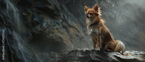Long haired chihuahua sitting on the rock. photo