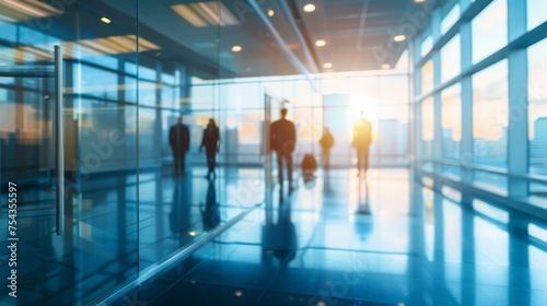 Dynamic Corporate Atmosphere: Hustle & Bustle of Modern Professionals in a Bright Office Lobby.