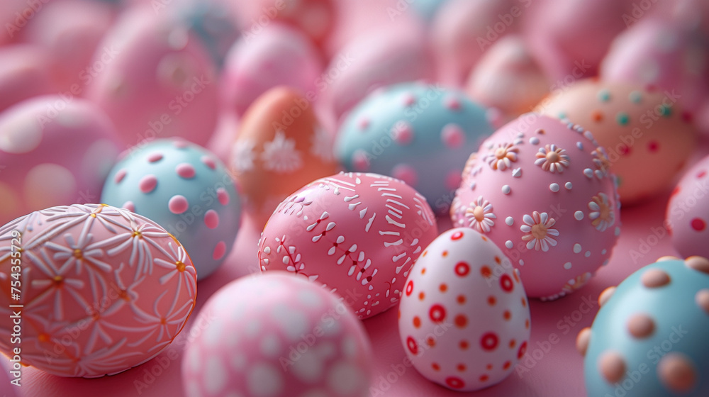 Colourful easter eggs with line and dot patterns on them in a pink background. Can be use as celebration postcard image, book cover and blog image