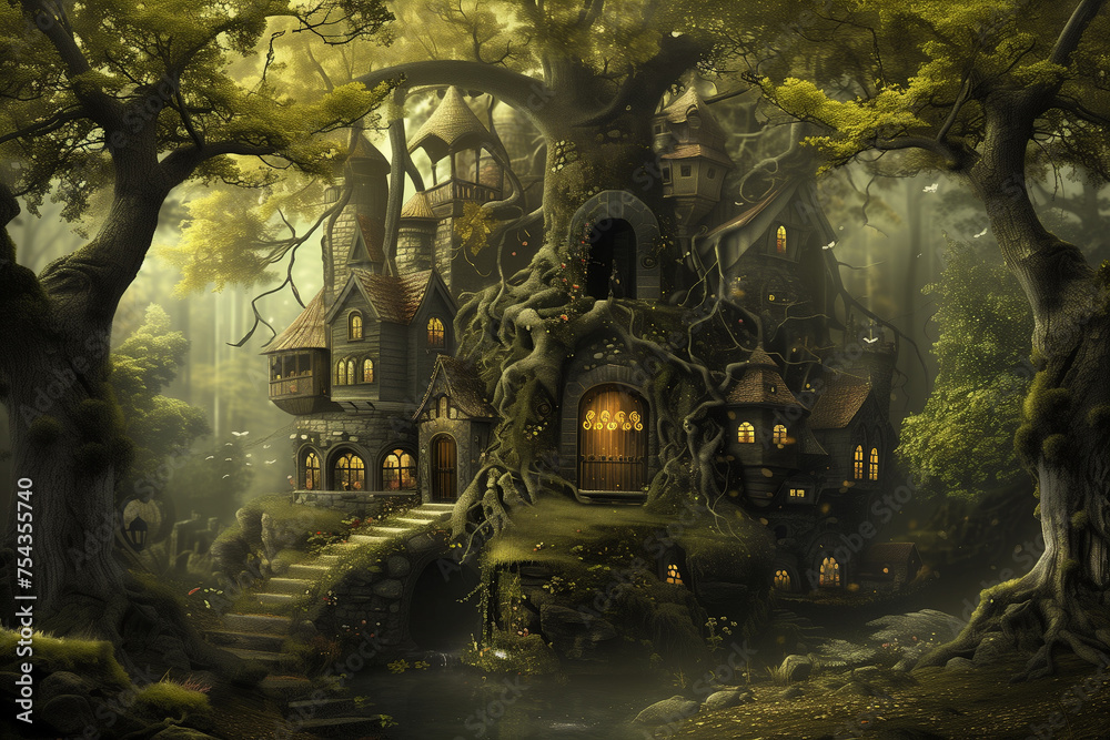 A tree house standing tall amidst a dense forest surrounded by lush greenery and tall trees A tree house standing tall amidst a dense forest surrounded by lush greenery and tall trees