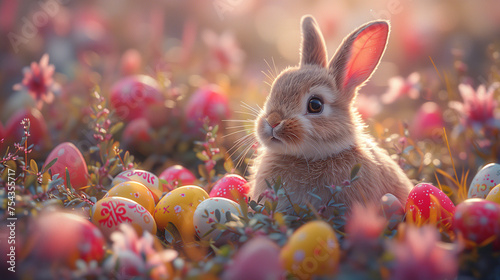 A cute bunny rabbit among colorful easter eggs in a fancy background of a flower yard. Can be used as a postcard image, or poster to celebrate Easter Day. photo