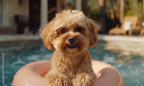 Happy dog ​​in glasses relaxes in the pool. Concept tourism, vacation. 