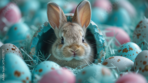 A cute bunny rabbit in a shell surrounded with  colorful easter eggs in a fancy blue background of a grass yard. Can be used as a postcard image, or poster to celebrate Easter Day.