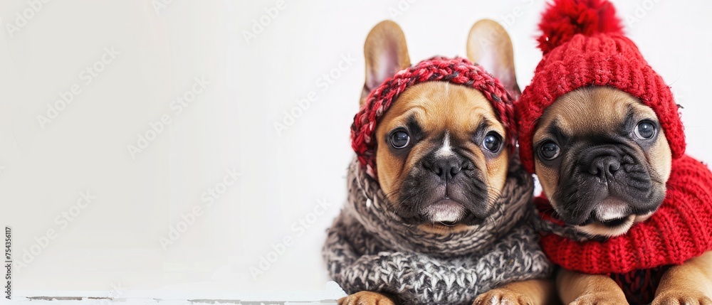 two cute funny French bulldog puppies dressed in a hat and scarf on a white background, calendar
