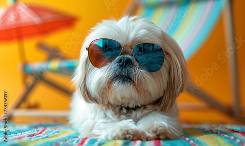 Happy dog ​​with glasses relaxes on the sea. Concept tourism, vacation, vacation. © KDdesignphoto