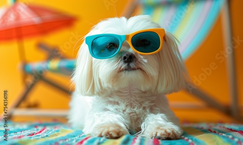 Happy dog ​​with glasses relaxes on the sea. Concept tourism, vacation, vacation. © KDdesignphoto