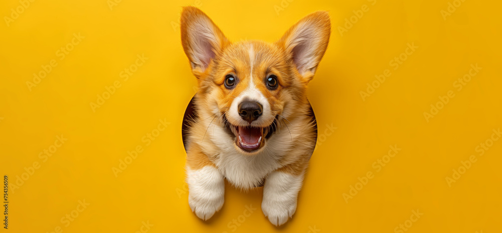 Funny smiling dog climbs out of hole in colored background. Wide angle horizontal wallpaper or web banne Funny smiling dog climbs out of hole in colored background. Wide angle horizontal wallpaper or web banne