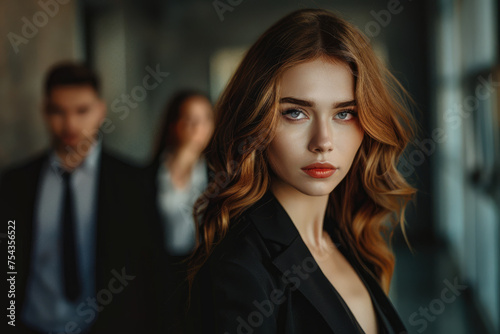 portrait of a beautiful woman on the background of business people