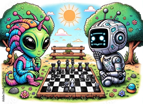 Alien and robot playing chess in a park photo