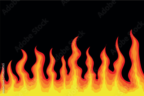 Fire flames various shapes flat line on black background. Fire icons, flammable symbols ideas. Red fiery flames, hot blaze, fireball power light, flame bonfire energy, wildfire, burning fire ignition 
