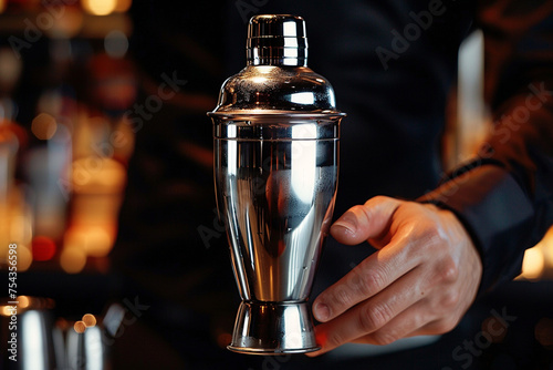 Cocktail Shaker Symmetry: Showcase the elegant curves and reflections of a cocktail shaker as the bartender expertly mixes ingredients in a minimalistic style,