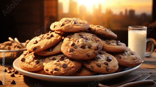 Stack of chocolate chip cookies sits temptingly on a wooden table