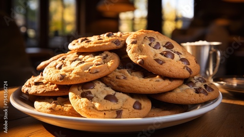 Stack of chocolate chip cookies sits temptingly on a wooden table.