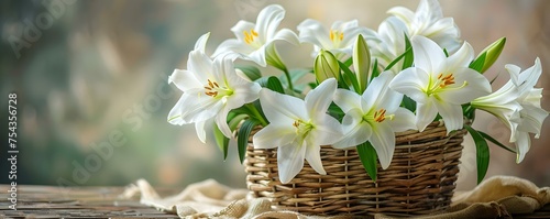 Easter lilies in a basket. Concept Easter, Lilies, Basket, Spring, Floral photo