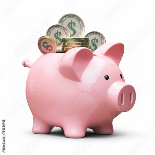 Pink piggy bank with money coins isolated on white background.