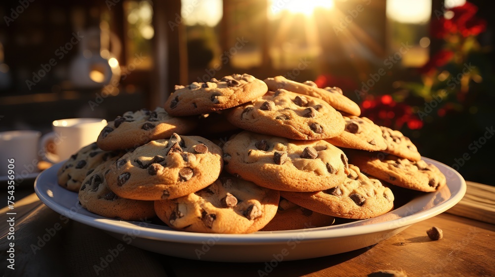 Stack of chocolate chip cookies sits temptingly on a wooden table Stack of chocolate chip cookies sits temptingly on a wooden table