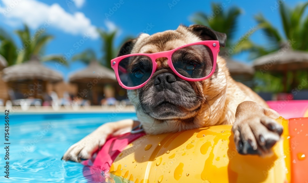 Happy dog ​​in glasses relaxes in the pool. Concept tourism, vacation. - obrazy, fototapety, plakaty 