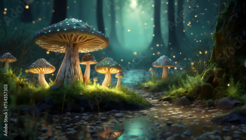 Abstract breathtaking digital painting of a fantasy forest with towering mushrooms aglow on digital art concept.