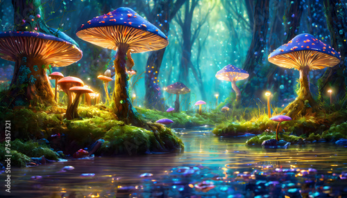 Abstract breathtaking digital painting of a fantasy forest with towering mushrooms aglow on digital art concept.