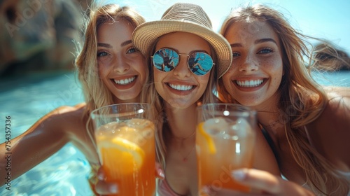 Three girls hug and laugh while drinking cocktails against the background of a swimming pool. Frank laughter. wide shot to the waist. 